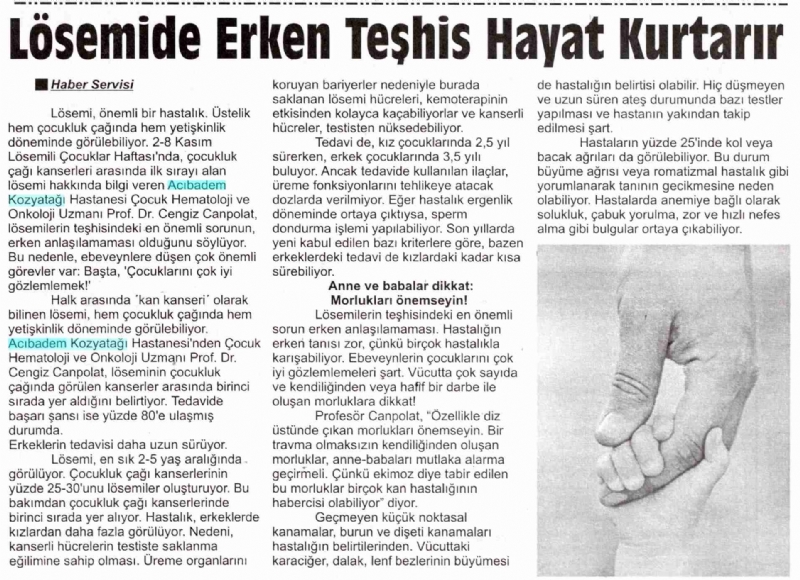 LÖSEMİDE ERKEN TEŞHİS HAYAT KURTARIR - Ankara İlke Gazetesi